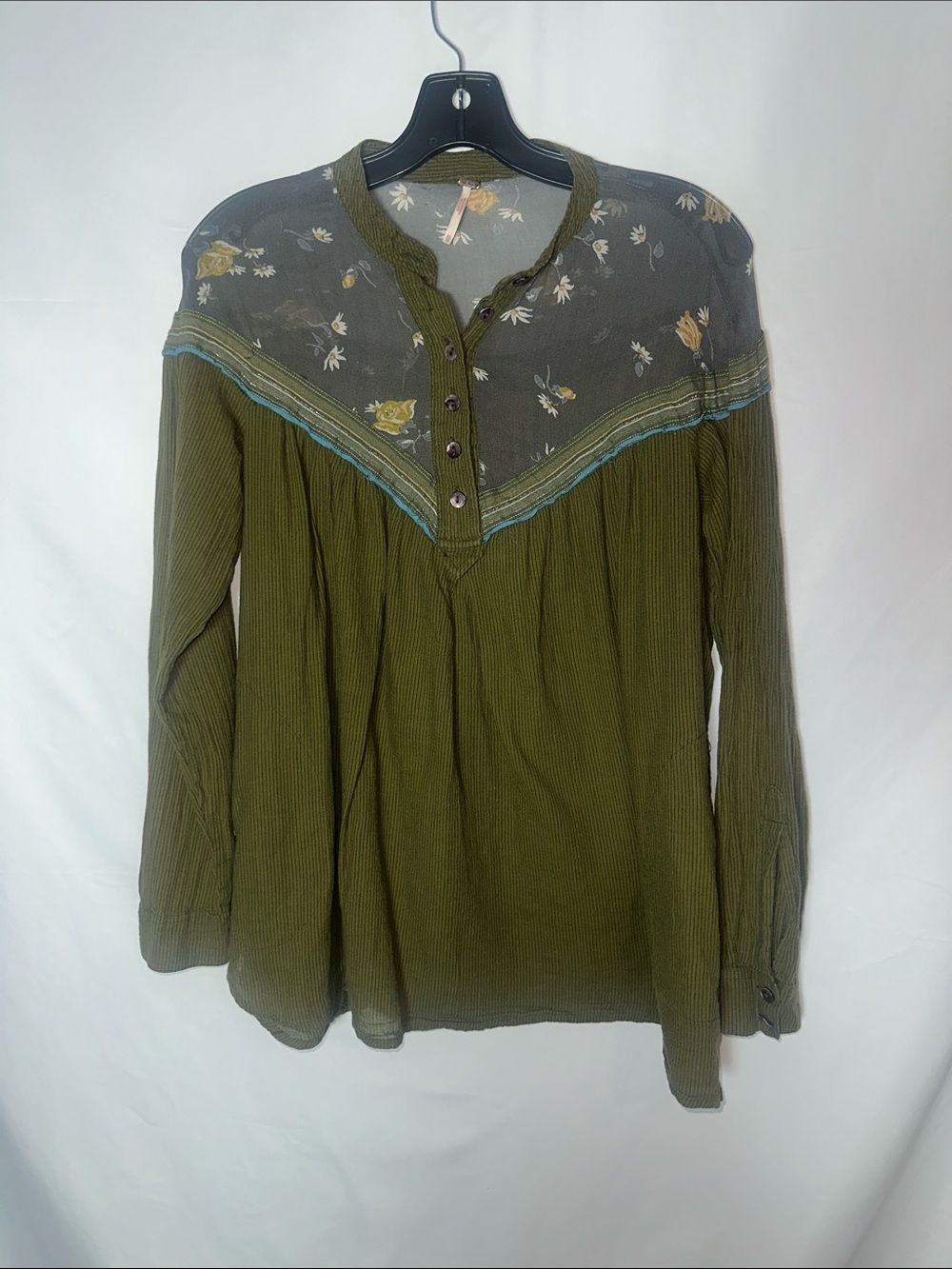 Free People hearts & color Olive Green Long Sleeve Tunic with Floral Yoke